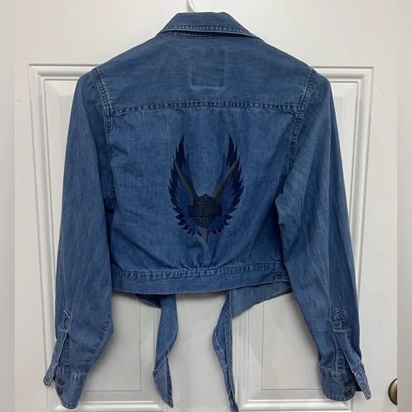 Harley-Davidson Biker Blues Womens Chambray Cropped Tie Front Shirt Y2K S - Picture 2 of 12